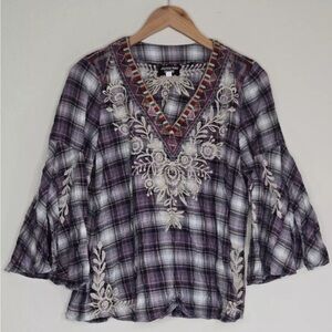 Johnny Was Workshop Mica Swing Blouse Plaid Embroidered Top Size S Womens